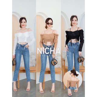 NICHA little home 🛒🩱ครอปแขนยาว เกาะไหล่ รูดเอว เสริมฟองน้ำ มีสายปรับได้ ✨🎀