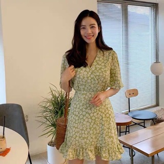 Floral Dress มินิเดรสสีเขียวพลาสเทล🍏💚🌼🌸