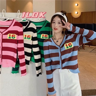 1LDK🌈พร้อมส่ง🌈เสื้อไหมพรมแขนยาว เสื้อแฟชั่น คอวีลายทางมีกระดุม(16)