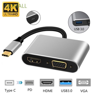 Qqmall อะแดปเตอร์แปลงเสียง Type-C To Hdmi/Vga/Usb/Usb-C 4 In 1 4K Usb 3.0 Hdmi+Vga+Usb+Pd Hub/หลากสี