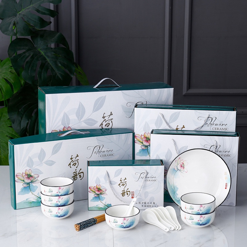 HOME818 ชุดจานชามเซรามิค ลายดอกบัว จานลายเซรามิคกระเบื้อง 1ชุด/10ชิ้น (NO.Z20)