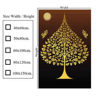 ภาพติดผนัง ลายต้นโพธิ์ พระจันทร์ เทวดา พื้นน้ำตาล (กาวในตัว)