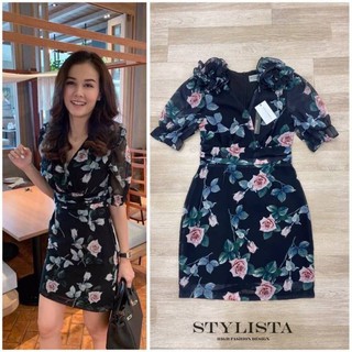 STYLISTA : มินิเดรสลายลายดอกแขนสั้นสีดำลายดอกไม้