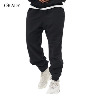 OKADY กางเกงวอร์มแห้งเร็วผู้ชาย,กางเกงลำลองขายาวทรงหลวมสีพื้นสตรีทสูงดูดซับเหงื่อระบายอากาศได้ดีมีซิปฟุตยุโรปและอเมริกาไซส์ใหญ่