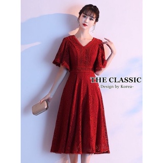 พร้อมส่ง 🎎2color 🧧M-2XL🎐เดรสลูกไม้คอวี แขนระบาย 🎑classic