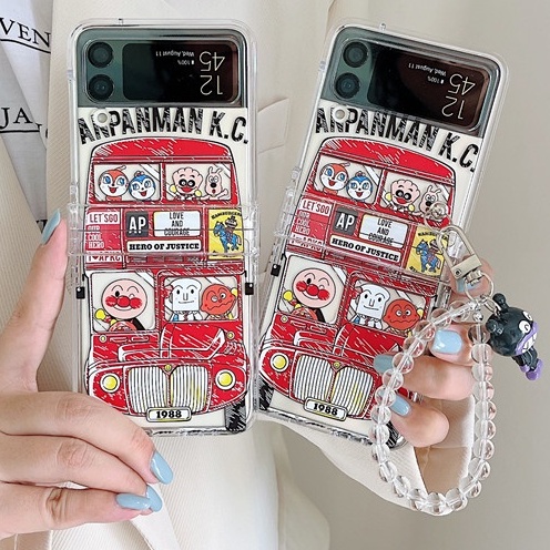 INS การ์ตูนขนมปัง Superman Bus Casing Samsung Galaxy Z Flip 3 5G พร้อมขาตั้งสร้อยข้อมือคริสตัลชุดสาม
