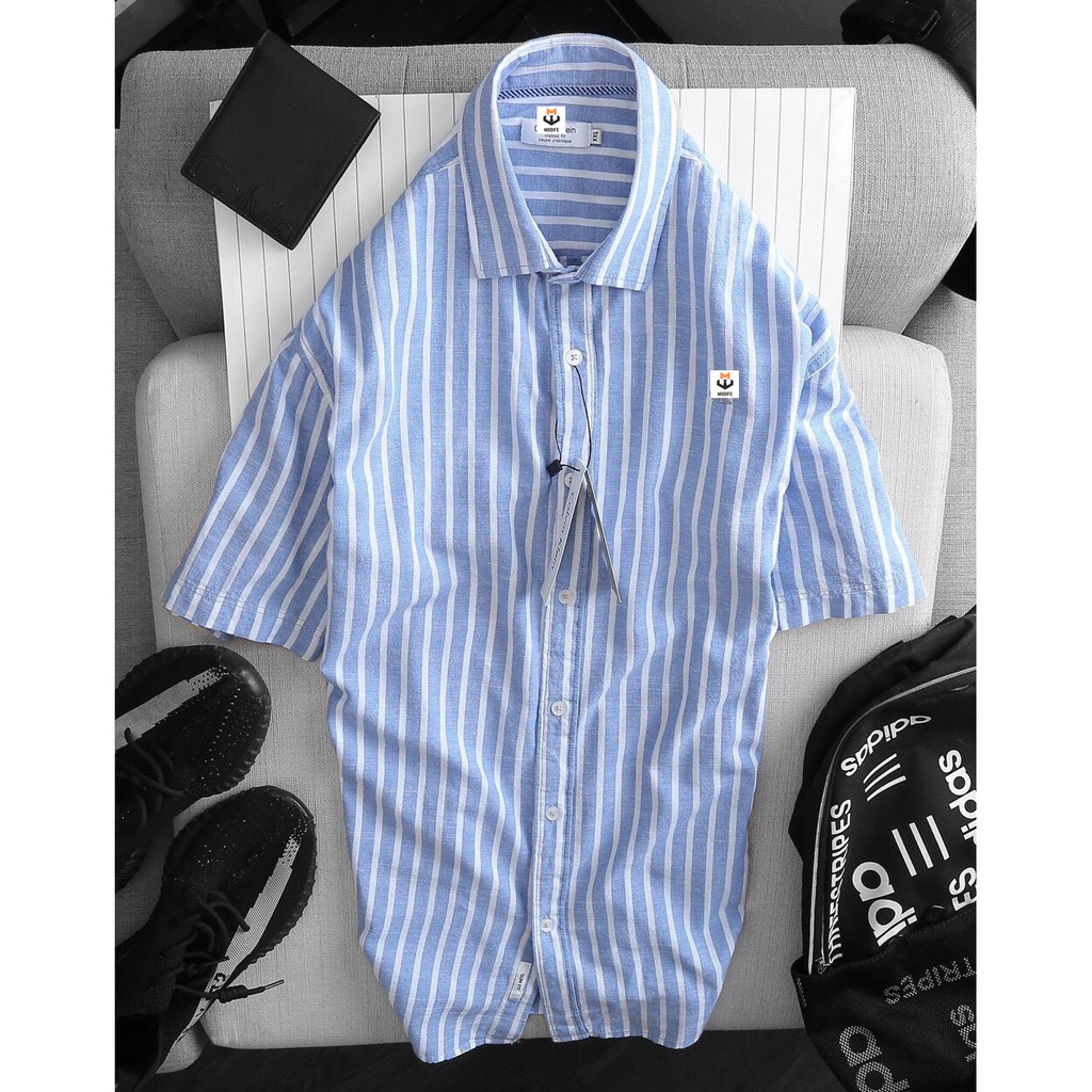 CK cotton เสื้อเชิ้ตคอปกแขนสั้นผู้ชายลายทางสีน้ําเงินขาว - Modife Shop