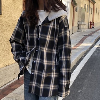 เสื้อเชิ้ตลายสก็อต มีฮู้ดในตัว
