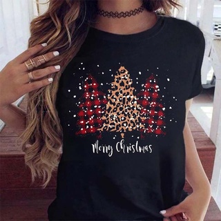 Women Plaid Leopard Christmas Tree Print Tees New Hot Selling Fashion Graphic Clothing Merry Christmas Casual  xmas