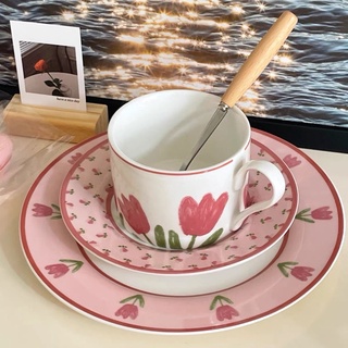 🎟พร้อมส่ง✨ ชุดเซต จาน ถ้วย แก้ว ลายทิวลิป ชุดเซตถ้วยกาแฟ จานขนม ชุด afternoon tea ลายน่ารัก สไตล์เกาหลี ตกแต่งโต๊ะอาหาร