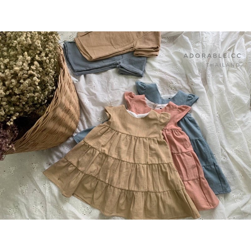 ชุดเด็กผ้าฝ้าย สีพื้น กระโปรงระบายสำหรับเด็กผู้หญิง