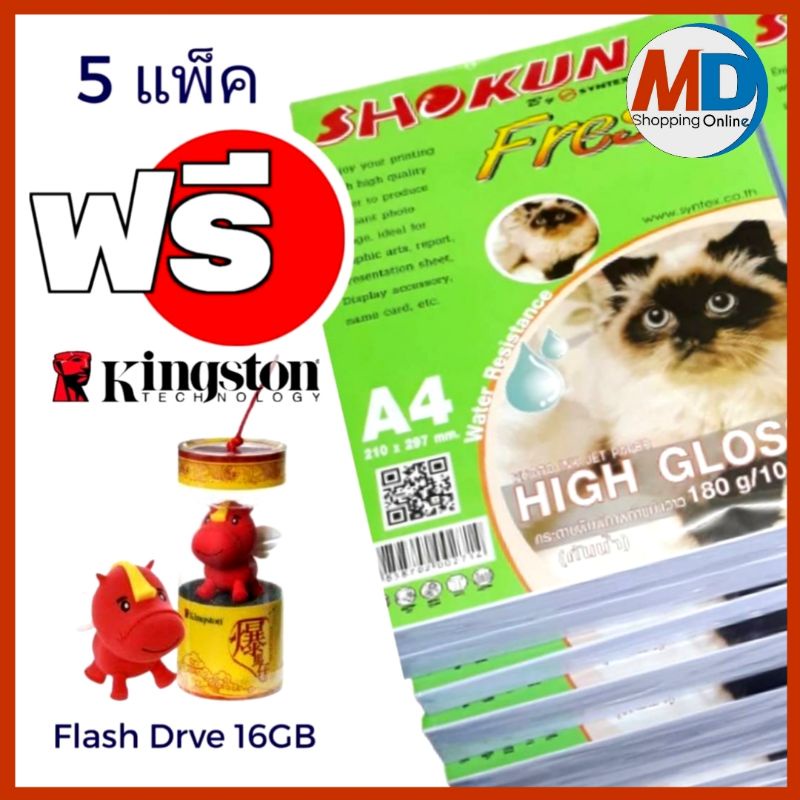 180แกรม กระดาษโฟโต้อิงค์เจ็ท A4 180แกรม/100แผ่น SHOKUN (โชกุน) 5PK+16GB KINGSTON