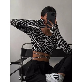 เสื้อเซ็กซี่แขนยาวเสื้อยืดแฟชั่นผู้หญิง (Zebra) Crop Tops Tees Streetwear