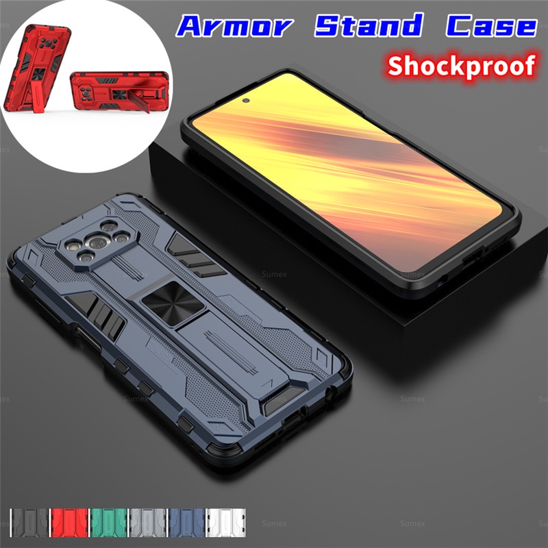 ฝาครอบเกราะกันกระแทกสำหรับ Xiaomi MI PocoM3 PocoM3Pro PocoX3NFC PocoX3Pro PocoF3 Poco M3 X3 Pro NFC F3 M3Pro X3Pro X3NFC 5G เคสโทรศัพท์แบบแข็ง, เคสแบบยืนสีดำ, เคสกันกระแทกพร้อมตัวยึด, สไตล์เมชากันกระแทกด้านหลัง
