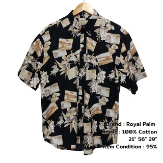 เสื้อฮาวาย ROYAL PLAM รอบอก56" ผ้าคอตตอน XXL เสื้อเชิ้ตฮาวายวินเทจไซส์ใหญ่ มือสอง สภาพดีมาก / Used Hawaii Shirt