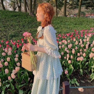 เดรสลายดอกสีน้ำเงิน เดรสยาวลายดอก เดรสผ่าข้าง Floral Dress เดรสจีซู เดรสงานป้าย เดรสจั๊มแขน
