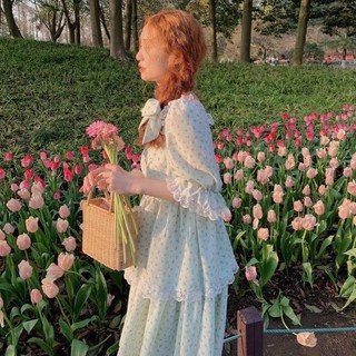 เดรสลายดอกสีน้ำเงิน เดรสยาวลายดอก เดรสผ่าข้าง Floral Dress เดรสจีซู เดรสงานป้าย เดรสจั๊มแขน