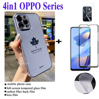 4in1 OPPO A16 A15 6D ใบเมเปิ้ล สี่เหลี่ยม บางเฉียบ เคสชุบ สําหรับ A9 A5 2020 A53 A96 A94 A71 A54 F11 PRO F9 F19 PRO ฟิล์มกระจกนิรภัย + ฟิล์มด้านหลัง + ฟิล์มเลนส์