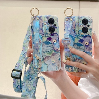 In Stock เคส Phone Casing OPPO Reno 8 8Z 8Pro 7 7Z 7Pro 6 6Z 6Pro Z Pro A57 A77 5G 4G Silicagel Soft Case Girl Style Purple Flower Blu-ray Phone Case with Long Lanyard Wristband Stand เคสโทรศัพท์