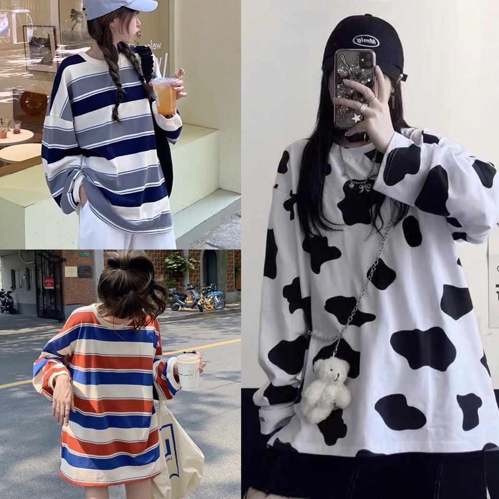 พร้อมส่ง🧣เสื้อแขนยาวลายทาง เสื้อยืดแขนยาว ใส่สบาย ผ้าไม่หนา ใส่หน้าร้อนได้  | Shopee Thailand