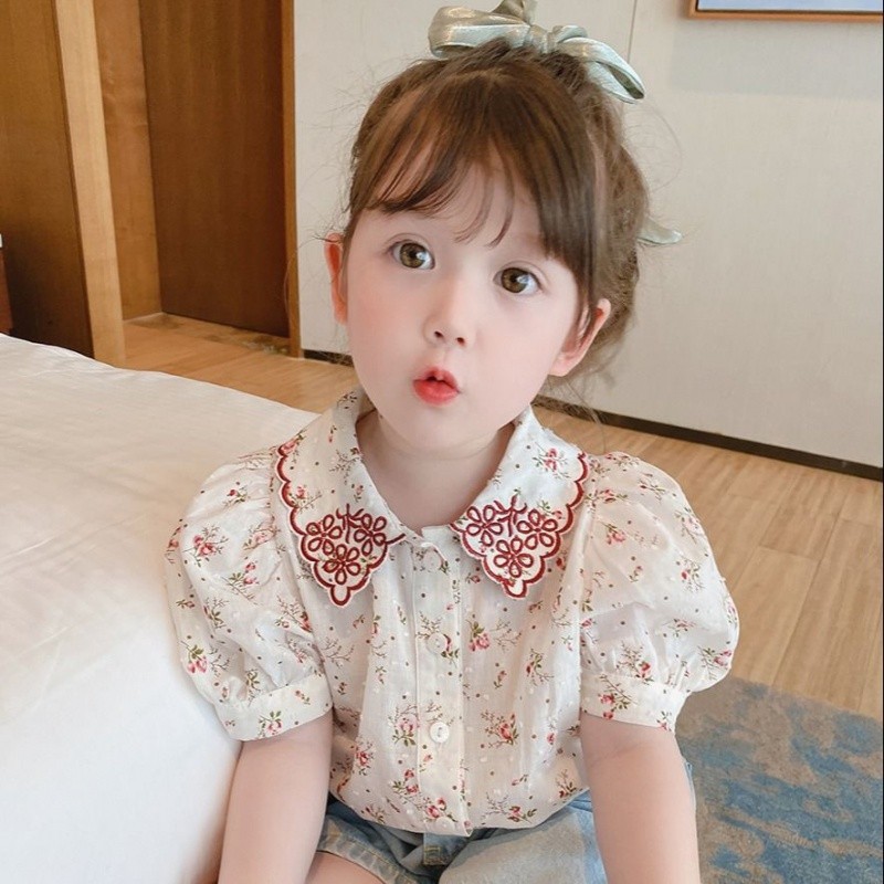 NANA พร้อมส่ง 55119 เสื้อยืดเด็กผู้หญิง เสื้อเชิ้ตแขนสั้นลายดอกไม้แฟชั่นเกาหลีสไตล์เรโทรสําหรับเด็กผู้หญิง