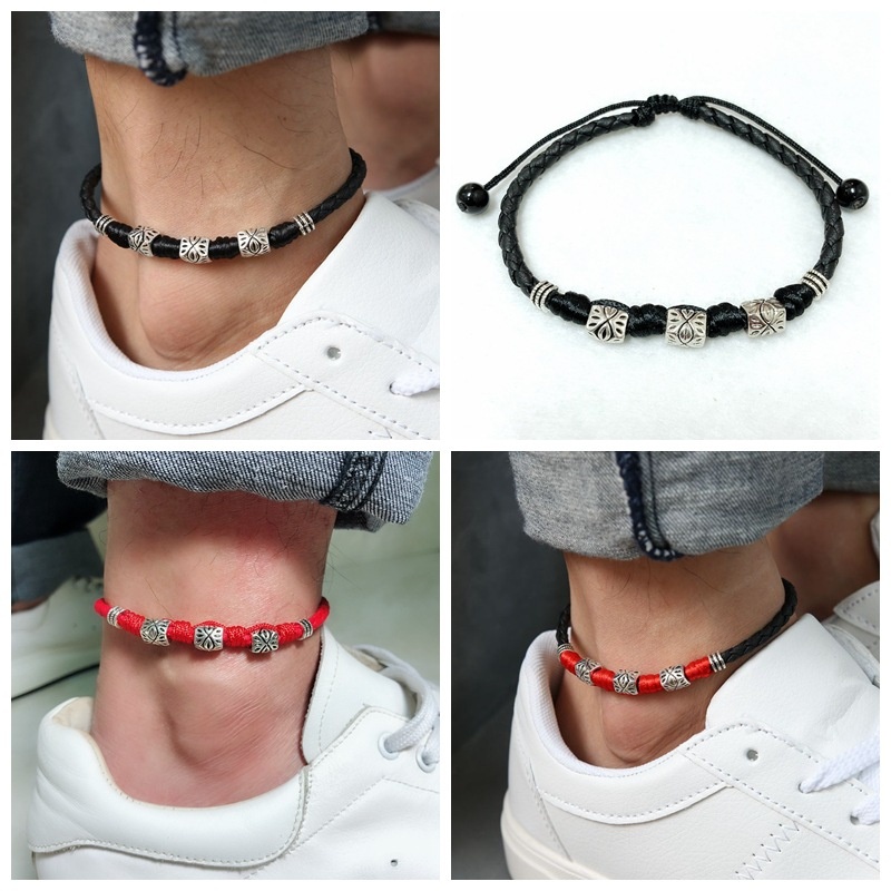 สร้อยข้อเท้าเชือกหนังแฟชั่นย้อนยุคสร้อยข้อมือเท้าเรียบง่ายเงินทิเบตสไตล์วินเทจเครื่องประดับทํามือสําหรับผู้หญิงผู้ชาย
