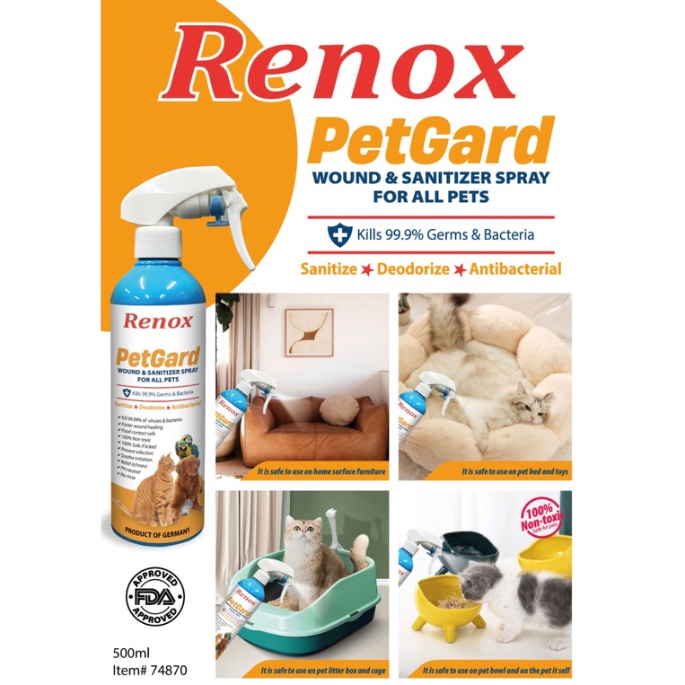 Renox PetGard Wound & Sanitizer Spray 500ml สําหรับสัตว์เลี้ยงทั้งหมด Sanitize, ดับกลิ่น, ต้านเชื้อแ