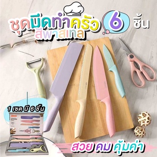 ชุดมีดทำครัว EVCRIVERH100% ชุดมีด6ชิ้น ชุดมีดสีพาสเทลใบมีด สแตนเลส ด้ามจับ พลาสติกPPผิวทราย กันลื่น สารเคลือบใบมีดกันติด