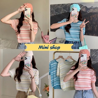 Mini shop🌸พร้อมส่ง🌸(91007) เสื้อแขนสั้นไหมพรม คอกลมลายทางน่ารักสีพาสเทล