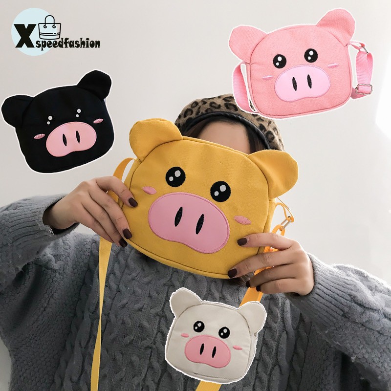 xspeedfashion(X868) กระเป๋าสะพายข้างผ้าแคนวาสน้องหมูอู๊ดๆน่ารักมุ้งมิ้ง