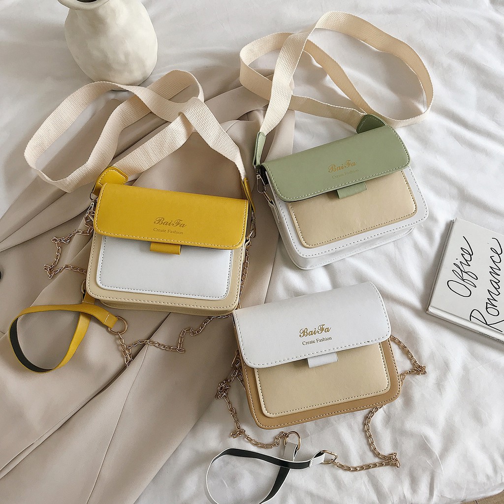 NAMCHA SHOP กระเป๋าสะพายข้าง กระเป๋าผู้หญิง ทรีโทน สายโซ่ Z06