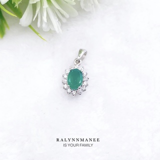 Z6406 จี้พลอยโมราแท้ ( Chrysoprase ) ตัวเรือนเงินแท้ 925 ชุบทองคำขาว