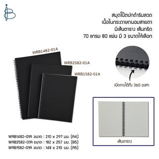 สมุด สมุดสันห่วง สมุดโน้ตริมลวด สมุดปกดำ—ขนาด A4/A5/B5 • เส้นตาราง/เส้นกริด • 70 แกรม 80 แผ่น