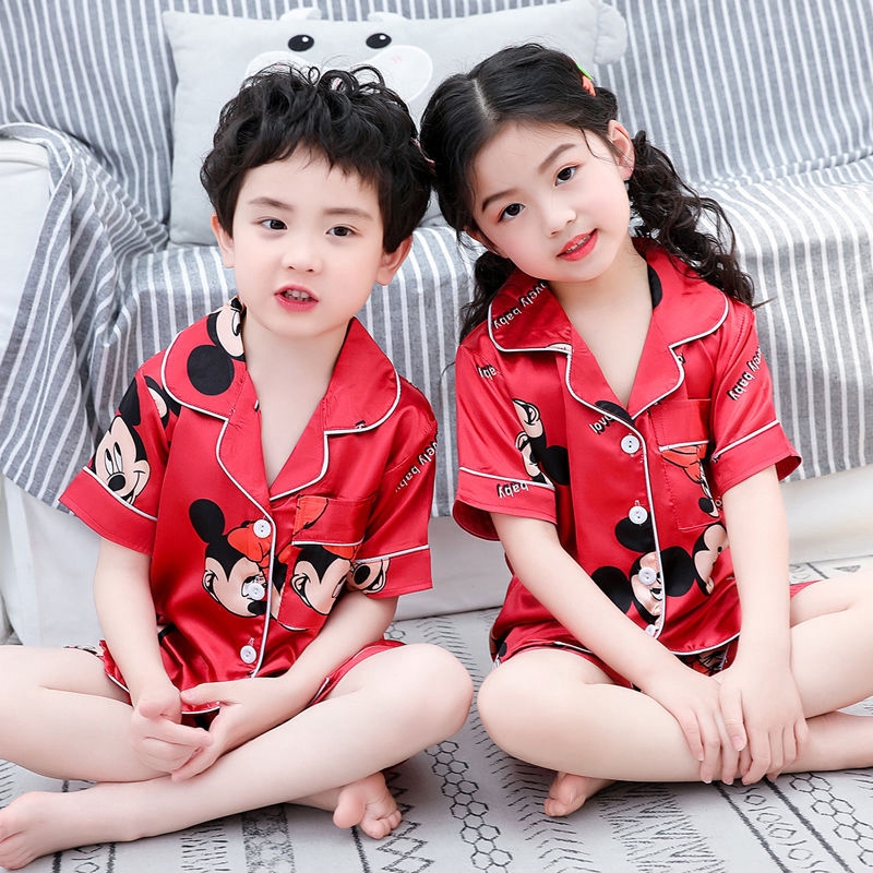 ชุดนอนเด็กผ้าซาตินชุดนอนเด็กฤดูร้อนแขนสั้นผ้าไหมน้ำแข็งเด็กชายและ ...
