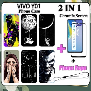 2 IN 1 เคสโทรศัพท์ VIVO Y01 พร้อมกระจกนิรภัยกันรอยเซรามิก หน้าจอโค้ง ฟิล์มนิรภัยด้านนอก อวกาศ