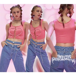 พรีออเดอร์ 💖Crop top ลายหัวใจสีชมพู แต่งเข็มกลัดอก💗