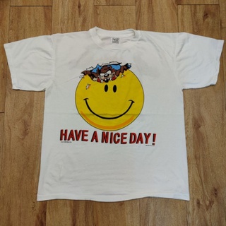 เสื้อยืดผ้าฝ้าย TAZMANIA SMILEY 1995 HAVE A NICE DAY CARTOON เสื้อลายการ์ตูน เสื้อวง เสื้อทัวร์