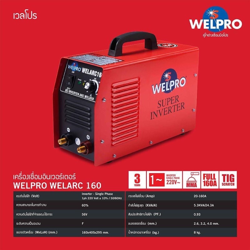 ตู้เชื่อม WELPRO รุ่น WELPRO ARC160 แอมป์ รับประกัน 3 ปีเครื่องเชื่อม