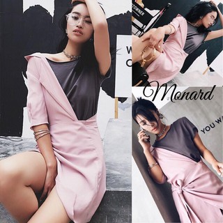 Monard Setเสื้อตัวในสีเทาแขนสั้นมีโบว์เว้าแขน มาพร้อมเดรสคลุมสีชมพูตัวนอกเก๋มากๆ ดีไซให้ดูแปลก