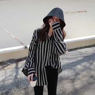 【sssuper solo】พร้อมส่งทุกสี Stripe duo shirt เสื้อเชิตลายทางตั้งตรง เสื้อ oversize เสื้อ เสื้อยืดแขนสั้น