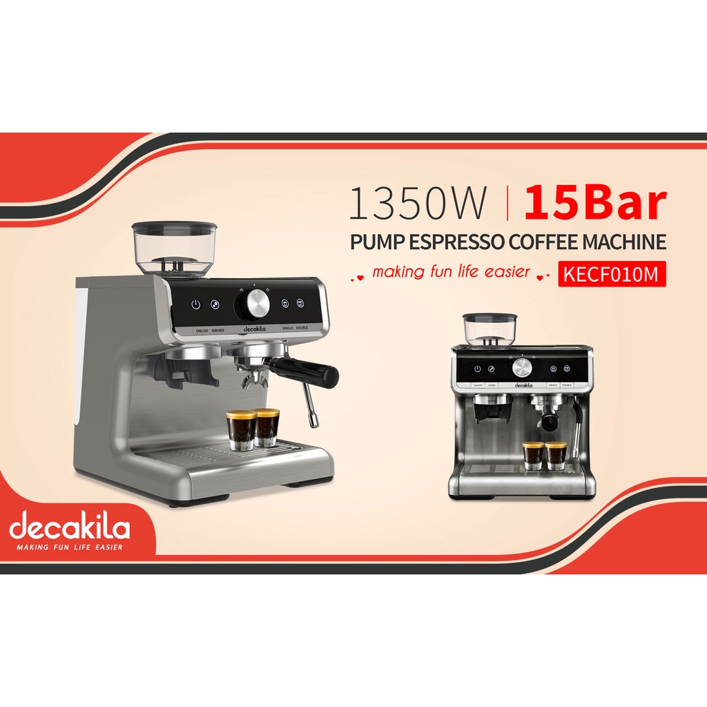 decakila รุ่น KECF010M เครื่องชงกาแฟเอสเพรสโซ่พร้อมเครื่องบด (Espresso coffee machine with grind)ขนาด 1350 วัตต์ 15 บาร์