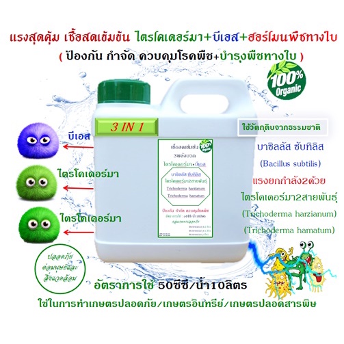ไตรโคเดอร์มา + บีเอส +ฮอร์โมนพืชทางใบ เชื้อสดชนิดน้ำ เข้มข้น พร้อมใช้ ป้องกัน กำจัดโรคพืชและบำรุงฮอร์โมนพืชทางใบ