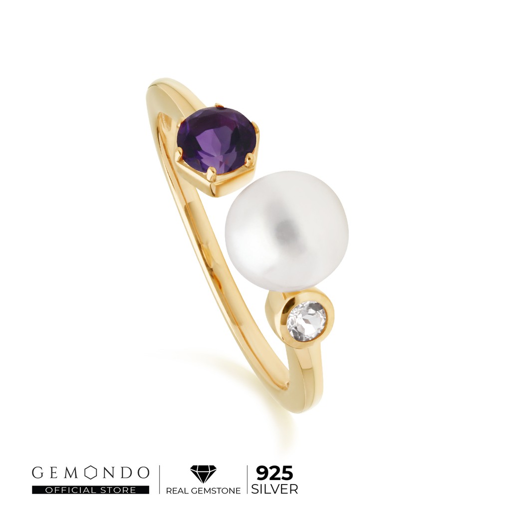 Gemondo แหวนมุก 925 เงินแท้ชุบทอง 22K ประดับแอเมทิสต์ และโทแพซ ดีไซน์โมเดิร์น : แหวนพลอย แหวนอัญมณี แหวนไข่มุก พลอยแท้