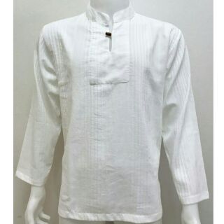 [ส่งฟรี]เสื้อผ้าฝ้าย 100% คอจีนกระดุม 1 เม็ด แขนยาว สีขาว