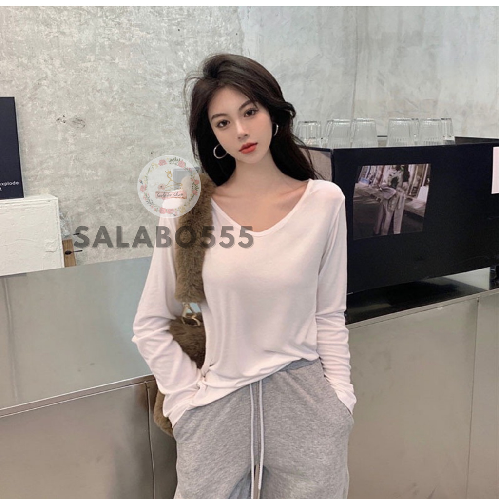 SALABO(พร้อมส่ง)  👚 เสื้อแขนยาวคอวี ผ้ายืด นิ่ม ใส่สบาย #666