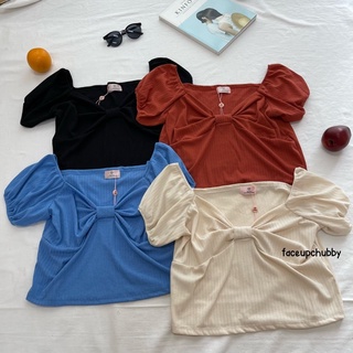 🐱FUCB🐱 เสื้อครอปแขนตุ๊กตา ดีเทลโบว์อกสาวอวบ ผ้ายืดทอนำเข้า