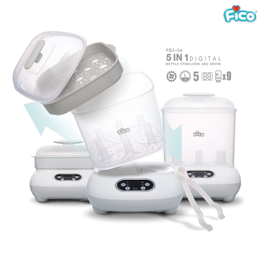 Fico เครื่องนึ่งขวดนม หม้อนึ่งขวดนม  5 in 1  พร้อมอบแห้ง รุ่น FBS-06 รุ่นใหม่ล่าสุด