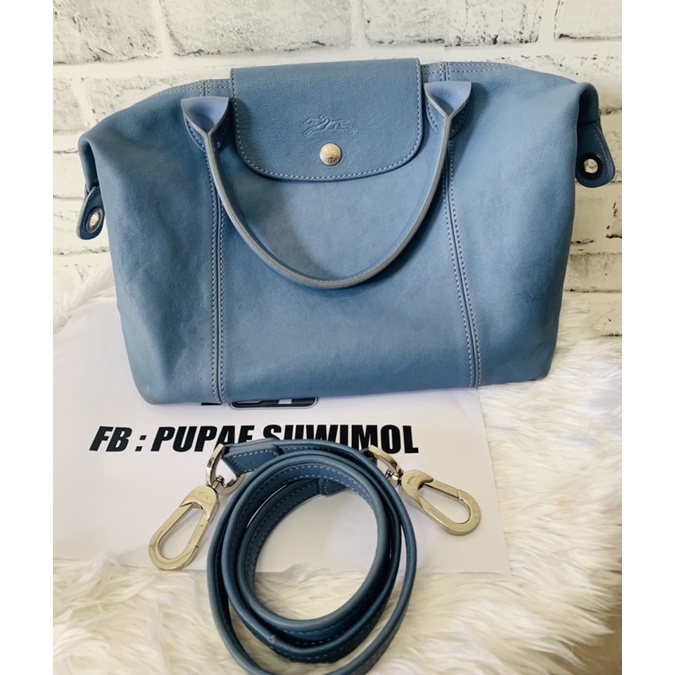 Longchamp Le Pliage Cuir S 💥flash sale💥หนังแกะ หูสั้น มือ2 สีฟ้า