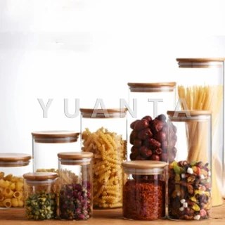 YUANTA โหลแก้วฝาไม้ ฝากันความชื้นเป็นไม้ไผ่ โหลพาสต้า ถังเก็บน้ำในครัว Borosilicate glass