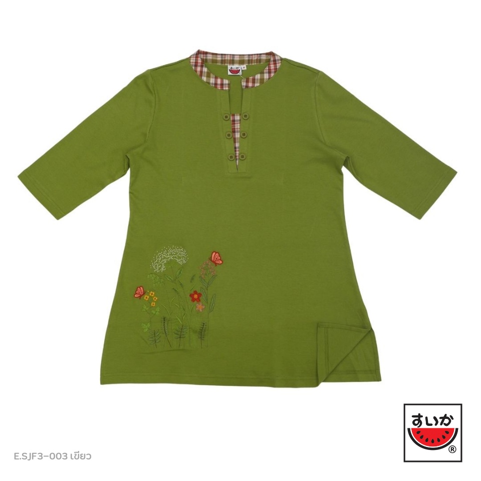 แตงโม (SUIKA) - เสื้อชุดแซ็กคอจีนสก๊อต แขนสามส่วน ผ้ายืด ปักลายดอกไม้ ( E.SJF3-003 )